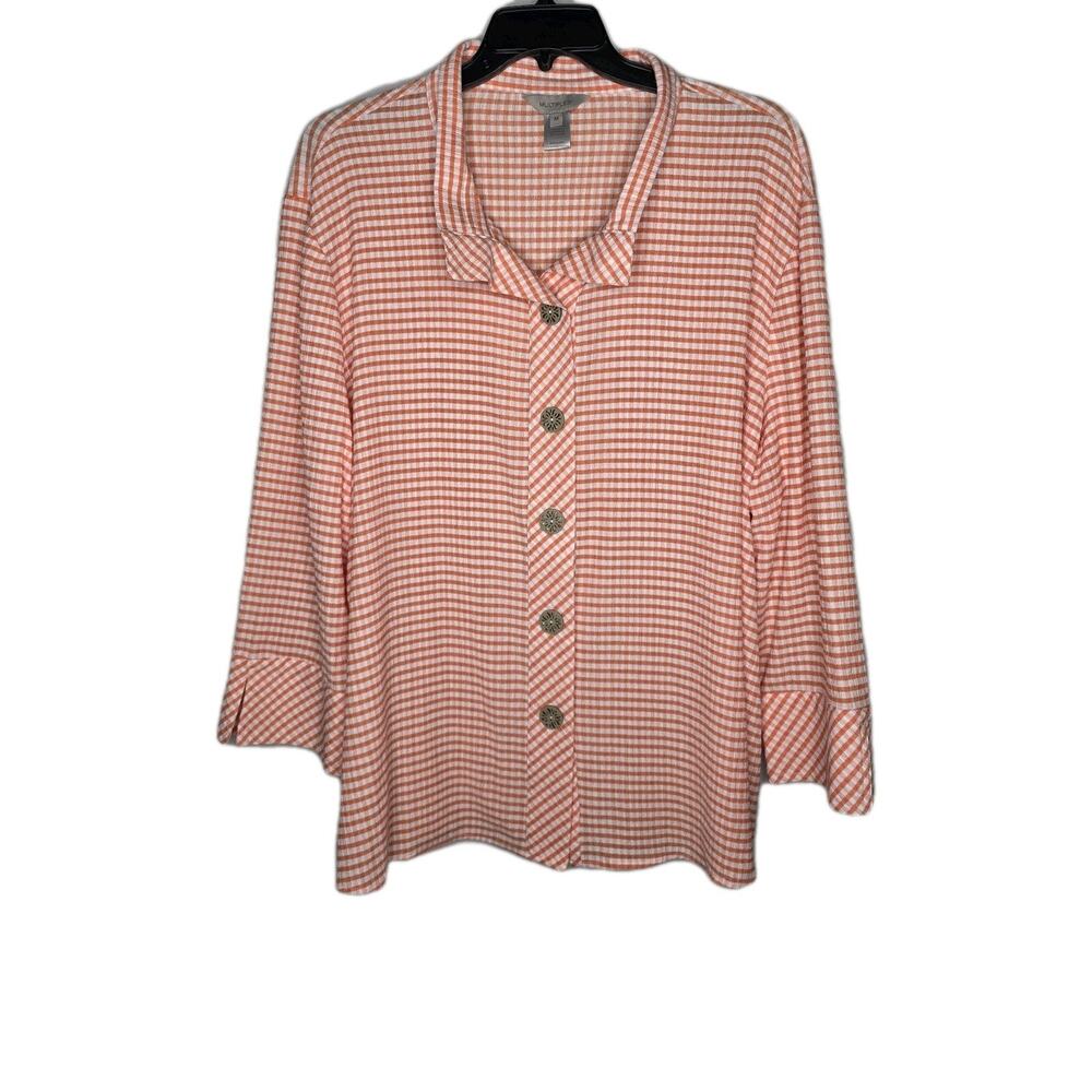 Multiples Womens 3X Gingham Button Down Shirt White Coral Top Blouse Island